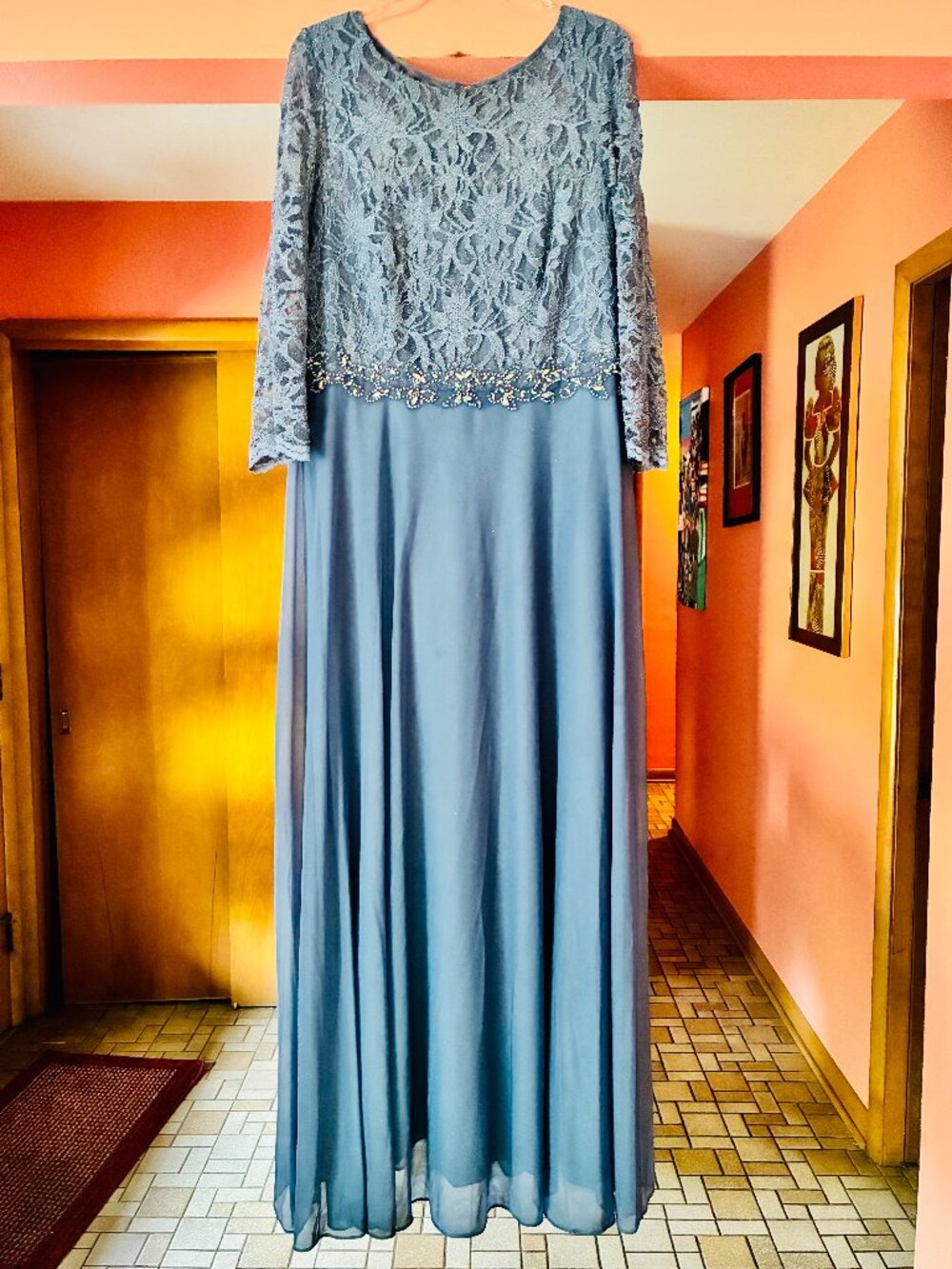 Jackie Jon 14W Blue Lace Formal Evening Gown Maxi Dress